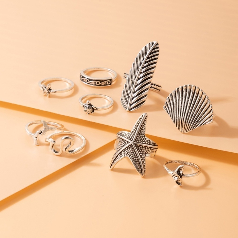 *KEZIAH* 9-Pc Silver Fashion Starfish Shell Turtle Ring Se